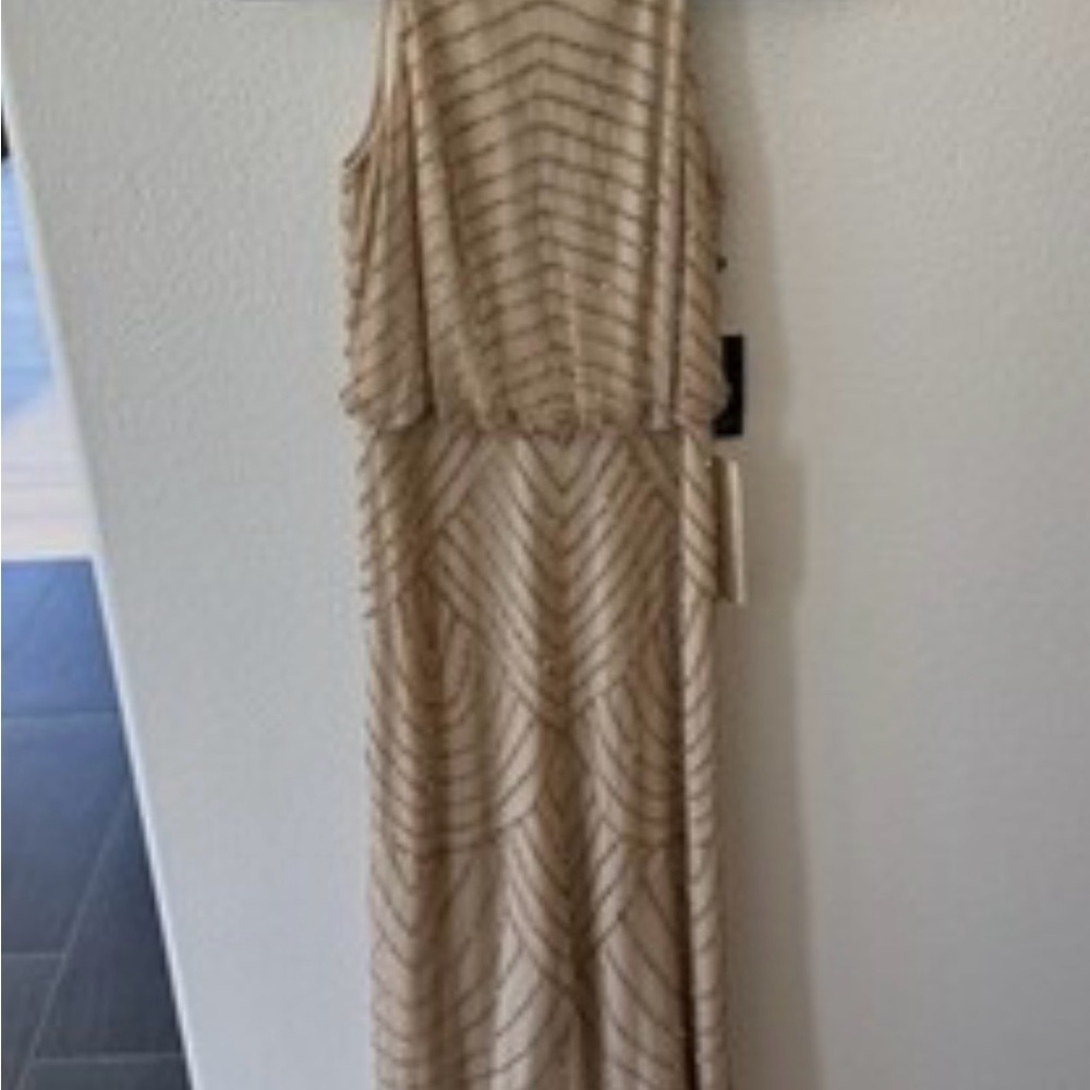 Adrianna Papell Beige Striped Chevron Maxi Dress